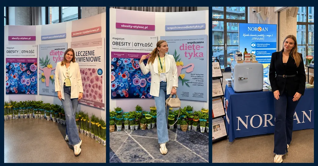 Wiktoria Fal na ogólnopolskich konferencjach dietetycznych — przy stoiskach magazynów Obesity i Współczesna Dietetyka oraz wystawcy NORSAN
